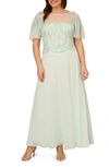 ADRIANNA PAPELL BEADED FLUTTER SLEEVE CHIFFON GOWN
