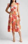 VINCE CAMUTO FLORAL PRINT TIERED RUFFLE SLEEVE MIDI DRESS
