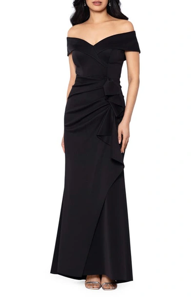 XSCAPE XSCAPE EVENINGS OFF THE SHOULDER RUFFLE SCUBA CREPE GOWN