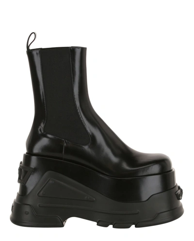 Versace Platform Leather Ankle Boots In Black