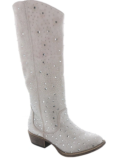 Very G Womens Faux Suede Rhinestone Cowboy, Western Boots In White