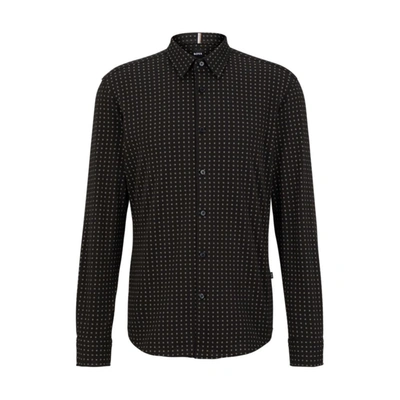 Hugo Boss Slim-fit Shirt In Printed Cotton-blend Jersey In Black