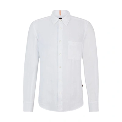 Hugo Boss Regular-fit Shirt In Linen Canvas With Barrel Cuffs In White