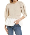 En Saison Mixed Media Puffed Sleeve Top In Natural In White