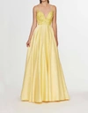 ANGELA & ALISON SLEEVELESS LOW SCOOP BACK BEADED SATIN GOWN IN YELLOW