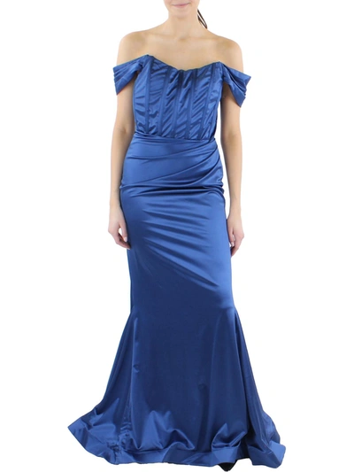 Dear Moon Juniors Womens Satin Off-the-shoulder Evening Dress In Blue