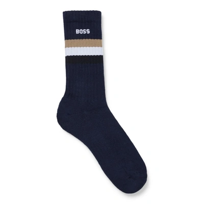 Hugo Boss Quarter-length Cotton-blend Socks With Signature Stripe In Blue