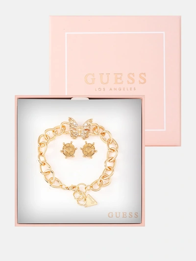 Guess Factory Gold-tone Chain Bracelet And Crystal Earrings Box Set In Silver