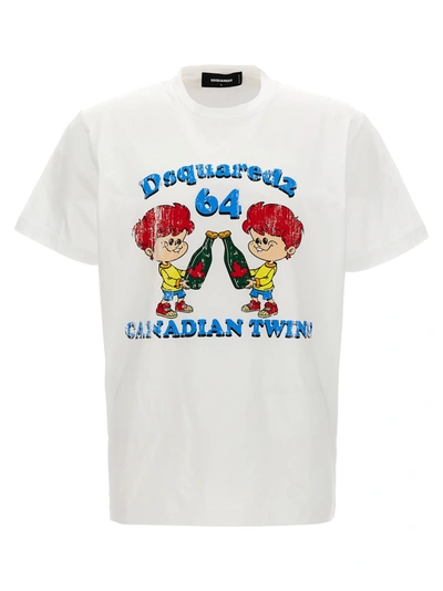 Dsquared2 Canadian Twins Printed Cotton T-shirt In Blanco