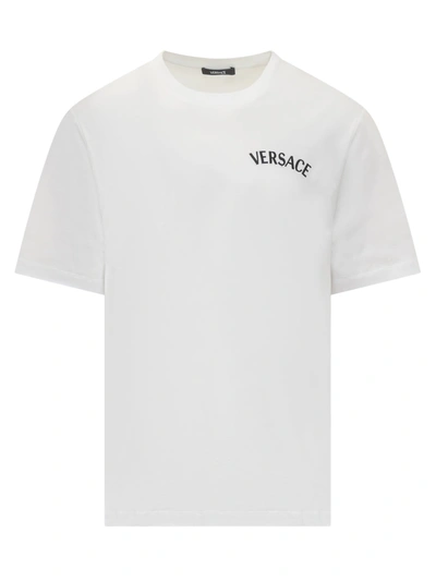 Versace T-shirt Jersey Fabric Embroidery Milano Stamp Print In White