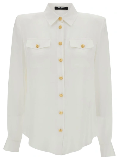 Balmain Crepe De Chine Shirt With Padded Shoulders In Bianco