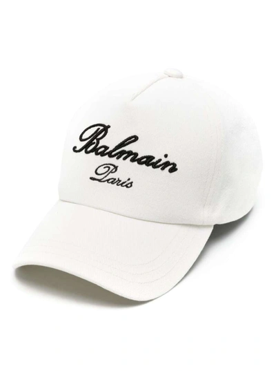 Balmain Signature Cotton Cap In Bianco