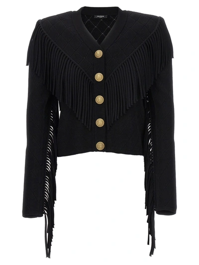 Balmain Fringed Knit Cardigan In Black