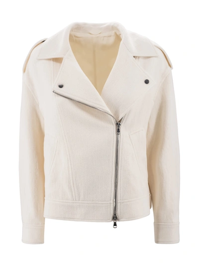 Brunello Cucinelli Embellished Herringbone Cotton And Linen-blend Biker Jacket In Panama