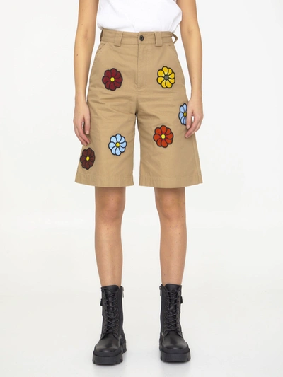 Moncler Floral Embroideries Bermuda Shorts In Beige