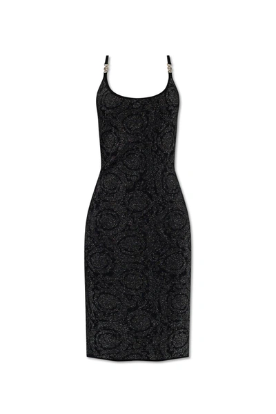 Versace Barocco Lurex Knit Midi Dress In Black