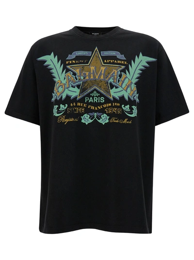 Balmain Black T-shirt With Western Graphic Print In Cotton Man In Default Title