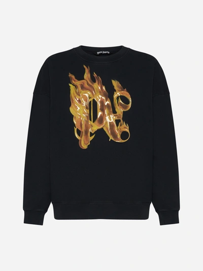 Palm Angels Burning Monogram Cotton Sweatshirt In Nero