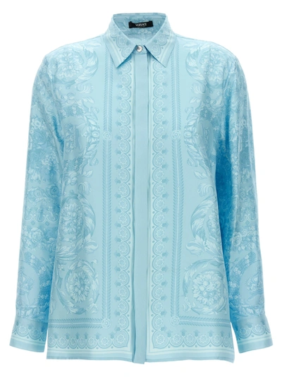 Versace Formal Shirt Silk Twill Fabric Baroque Print 92 In Light Blue