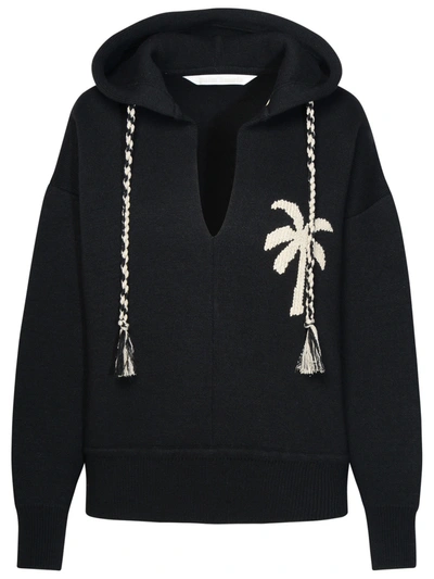 Palm Angels Palm Intarsia Drawstring Knitted Hoodie In Nero