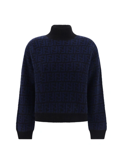 Fendi Crochet Sweater In Nero/blu Notte
