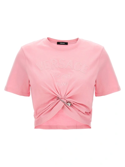 VERSACE VERSACE BROPPED T-SHIRT WITH EMBROIDERED LOGO PIN