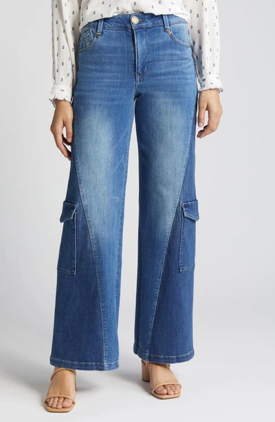 Wit & Wisdom 'ab'solution Colorblock Wide Leg Cargo Jeans In Mid Blue/ Blue