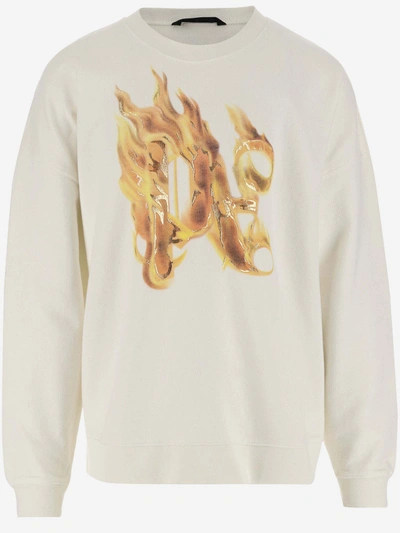 Palm Angels Cotton Sweatshirt With Burning Monogram Print In White