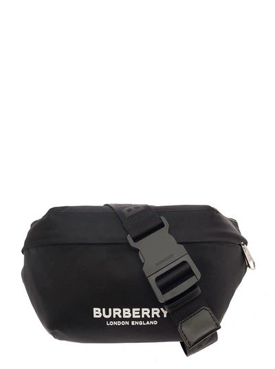BURBERRY BURBERRY SONNY BLACK FANNY PACK WITH CONTRASTING LOGO PRINT IN NYLON MAN