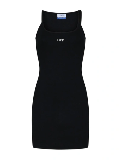 Off-white Asymmetric Shoulder Logo Mini Dress In Black White