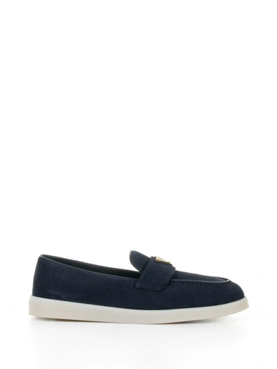 Prada Loafer In Suede With Logo In Blu