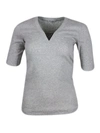 BRUNELLO CUCINELLI BRUNELLO CUCINELLI LONG-SLEEVED V-NECK T-SHIRT IN RIBBED STRETCH COTTON WITH MONILI TRIANGLE ON THE 