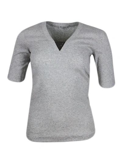 Brunello Cucinelli Long-sleeved V-neck T-shirt In Ribbed Stretch Cotton With Monili Triangle On The Neckline In Grey