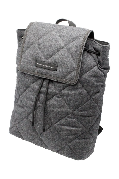 Brunello Cucinelli Backpack With Diamond Pattern In Wool And Leather Embellished With Rows Of Jewels In Grey