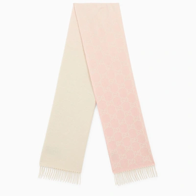 GUCCI GUCCI IVORY\/PINK CASHMERE SCARF WITH LOGO