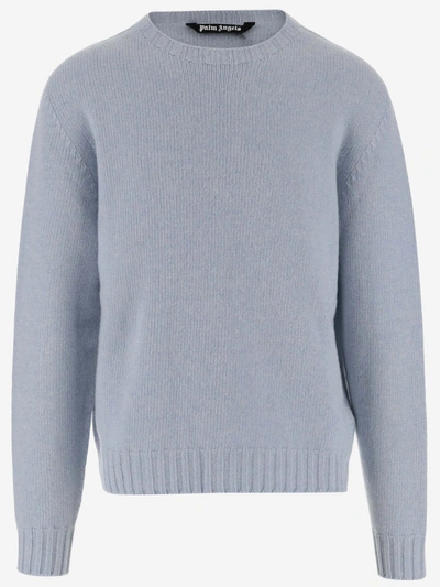 Palm Angels Wool Blend Sweater With Logo In Light Blue White