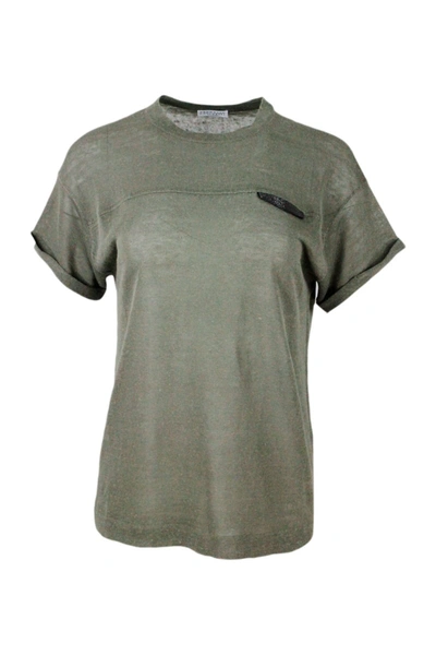 Brunello Cucinelli Short-sleeved Crew-neck Linen Sweater Embellished With Monili Detail On The Chest In Military