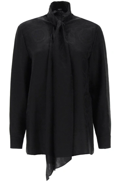 Versace Barocco-jacquard Pussy-bow Blouse In Nero