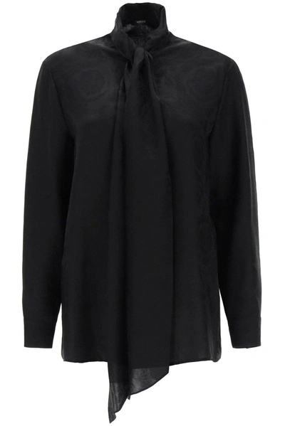 Versace Barocco Silk Blend Jacquard Shirt In Nero