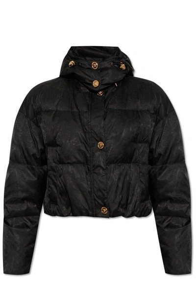 Versace Barocco-jacquard Hooded Puffer Jacket In Nero