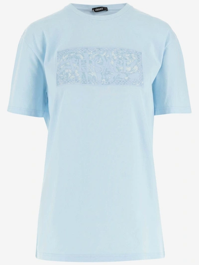 Versace Cotton T-shirt With Logo In Pale Blue