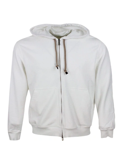 Brunello Cucinelli Hooded Sweatshirt With Drawstring In Soft And Precious Cotton With Zip Closure In White