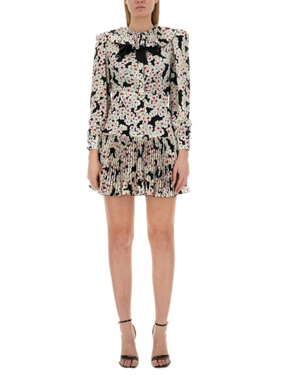 Alessandra Rich Womens Black Wht Multi Floral-print Pleated Silk Mini Dress In Multicolour