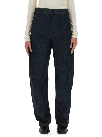 Lemaire Belted Straight-leg Trousers In Blue