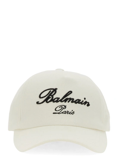 Balmain Baseball Hat With Logo In Bianco