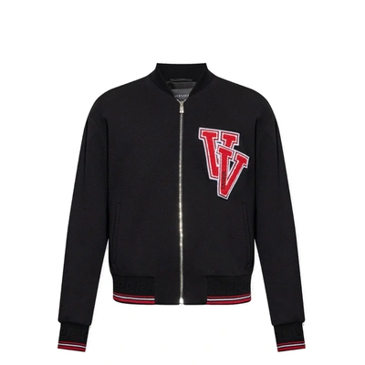 Versace Logo Patch Zip-up Bomber Jacket In Black