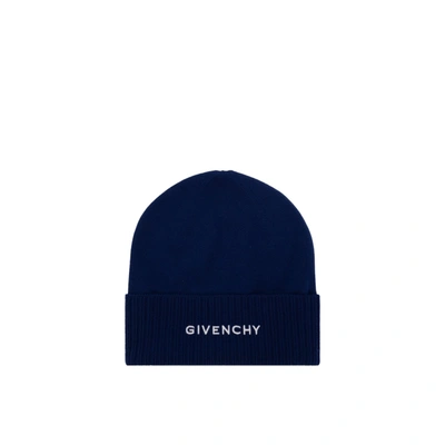 Givenchy Black Embroidered Logo Wool Beanie Hat In Blue