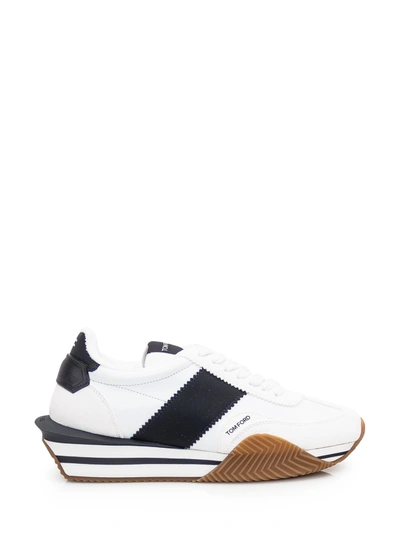 Tom Ford Leather Trainer In White/black Cream