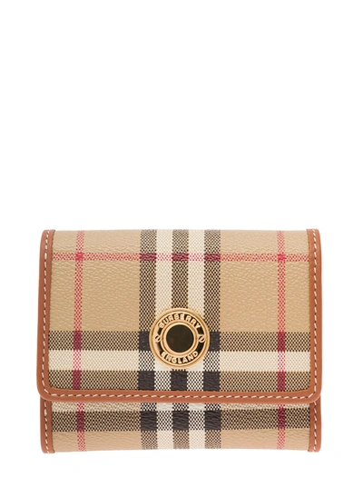 Burberry Small Folding Wallet With  Checkered Motif In Leather Woman In Archive Beige