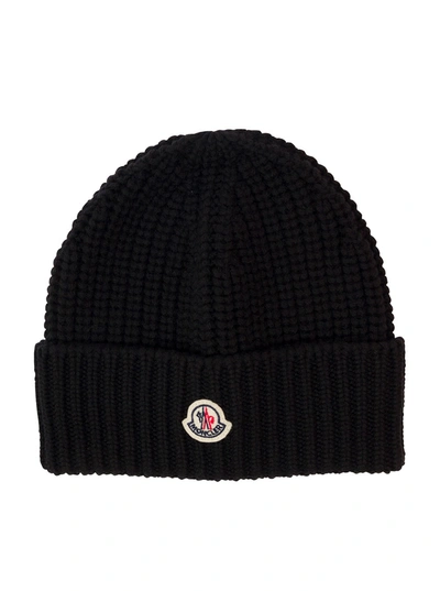 Moncler Black Ribbed Beanie With Patch Logo In Wool Woman